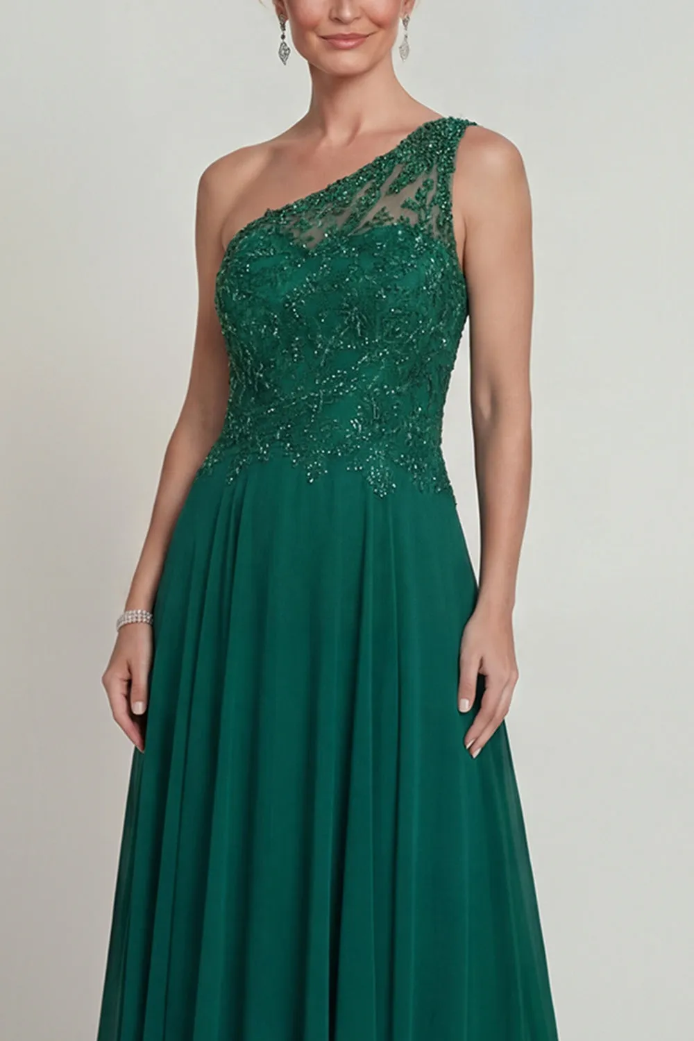 Dark Green A Line One Shoulder Long Chiffon Mother of the Bride Dress with Embroidery sold by Zapaka product image thumbnail 3