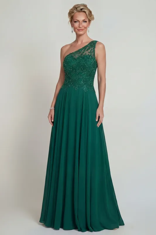 Dark Green A Line One Shoulder Long Chiffon Mother of the Bride Dress with Embroidery made by Zapaka