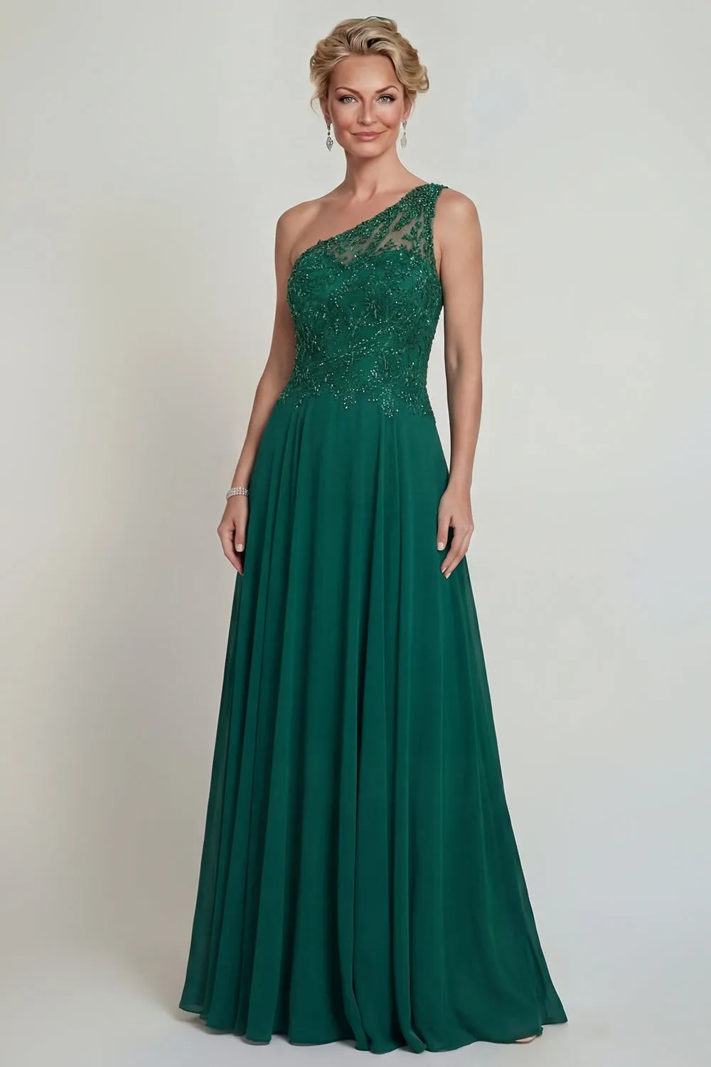 Dark Green A Line One Shoulder Long Chiffon Mother of the Bride Dress with Embroidery sold by Zapaka