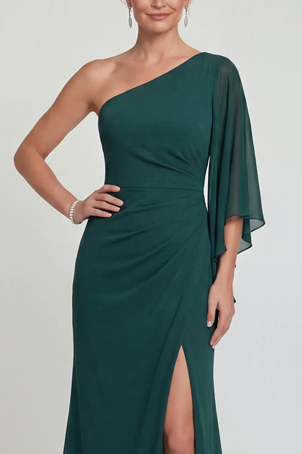 Dark Green Chiffon Mermaid One Shoulder Long Mother of the Bride Dress with Slit sold by Zapaka product image thumbnail 3