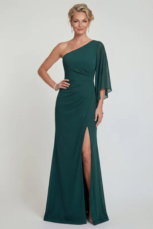 Dark Green Chiffon Mermaid One Shoulder Long Mother of the Bride Dress with Slit made by Zapaka