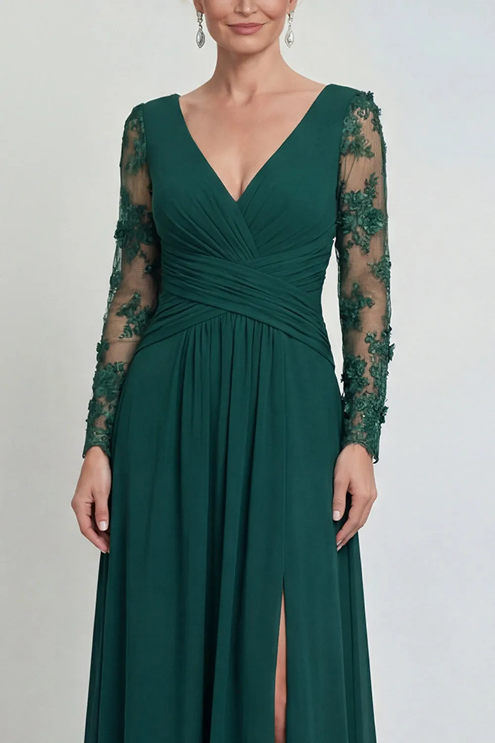 Dark Green A Line Long Sleeves Appliqued Mother of the Bride Dress with Slit sold by Zapaka product image thumbnail 3