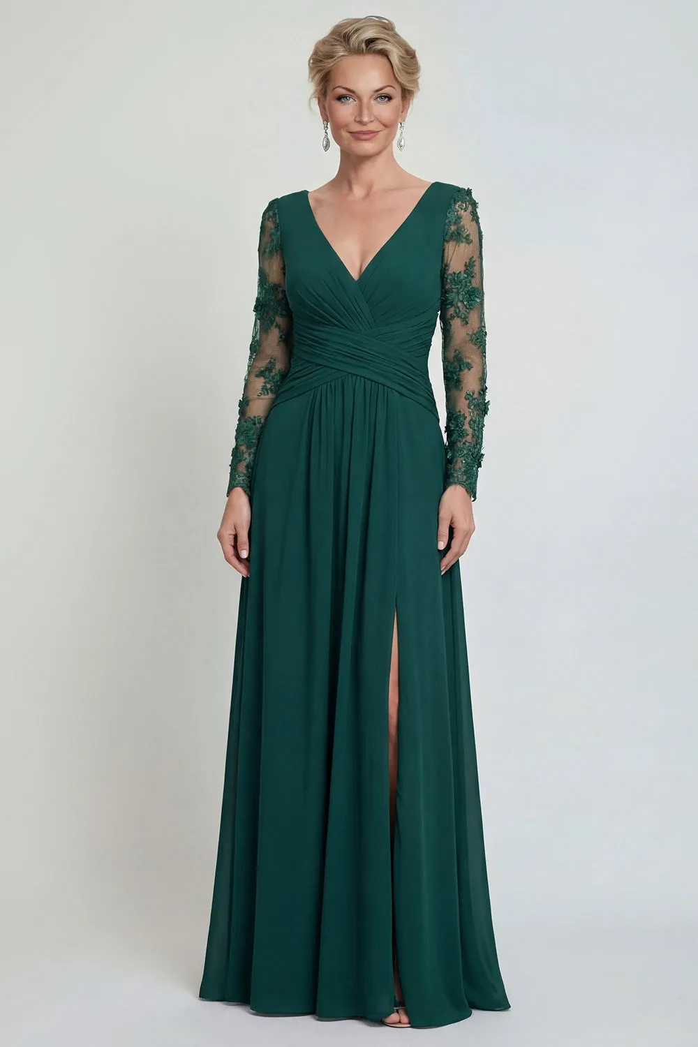 Dark Green A Line Long Sleeves Appliqued Mother of the Bride Dress with Slit sold by Zapaka