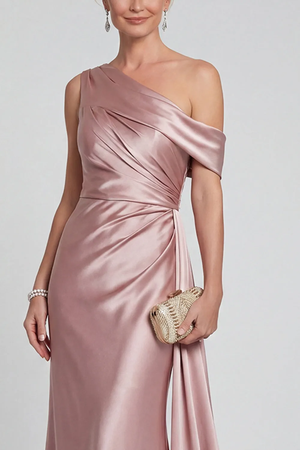 Mermaid Blush One Shoulder Ruched Satin Long Mother of the Bride Dress sold by Zapaka product image thumbnail 3