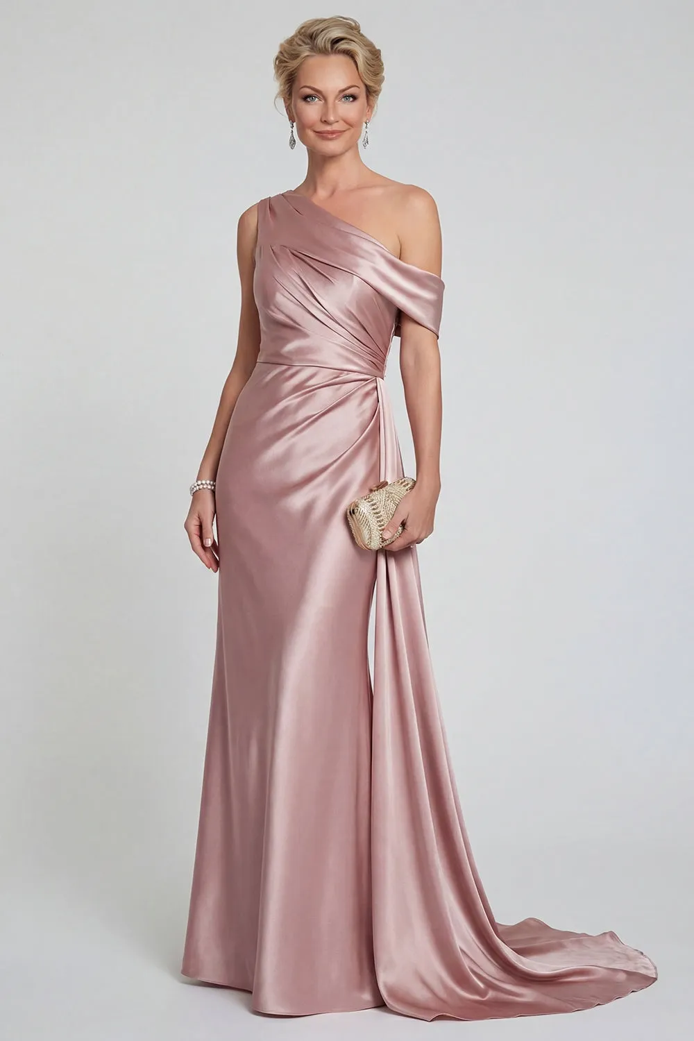 Mermaid Blush One Shoulder Ruched Satin Long Mother of the Bride Dress sold by Zapaka