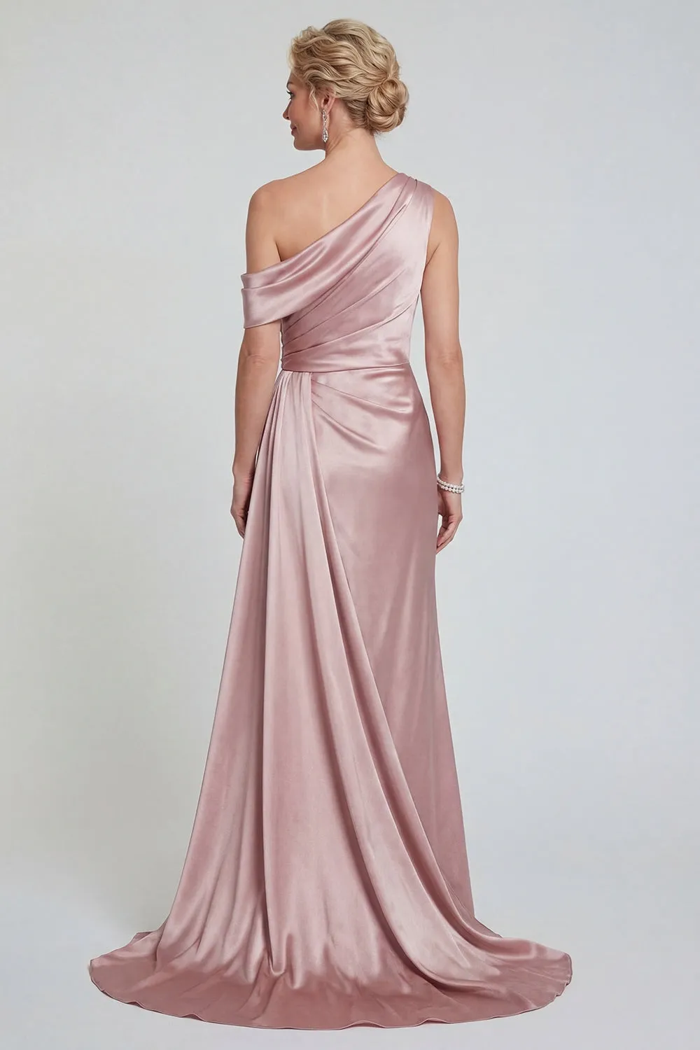 Mermaid Blush One Shoulder Ruched Satin Long Mother of the Bride Dress sold by Zapaka product image thumbnail 2