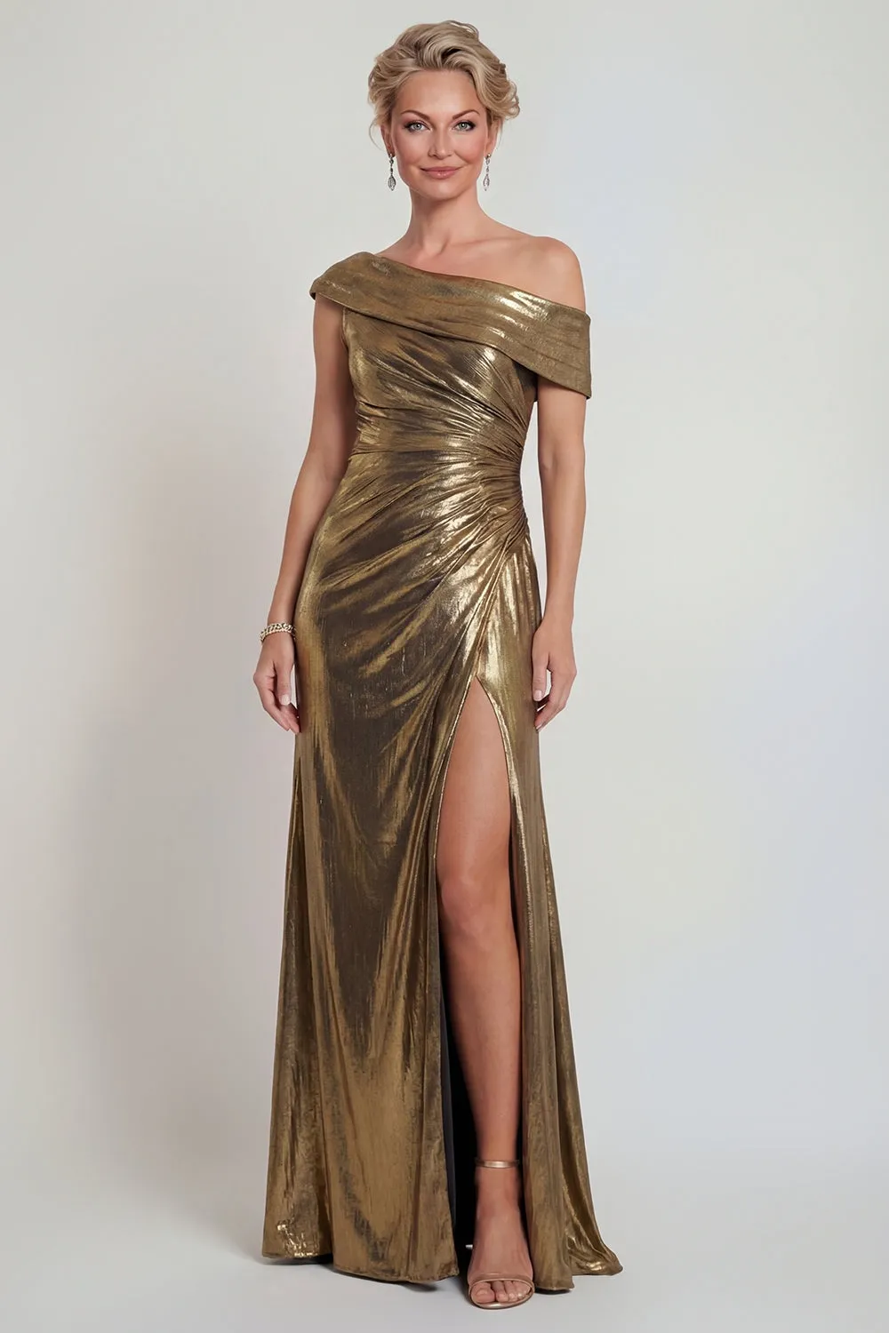 Metallic Golden Ruched Sheath One Shoulder Mother of the Bride Dress with Slit sold by Zapaka