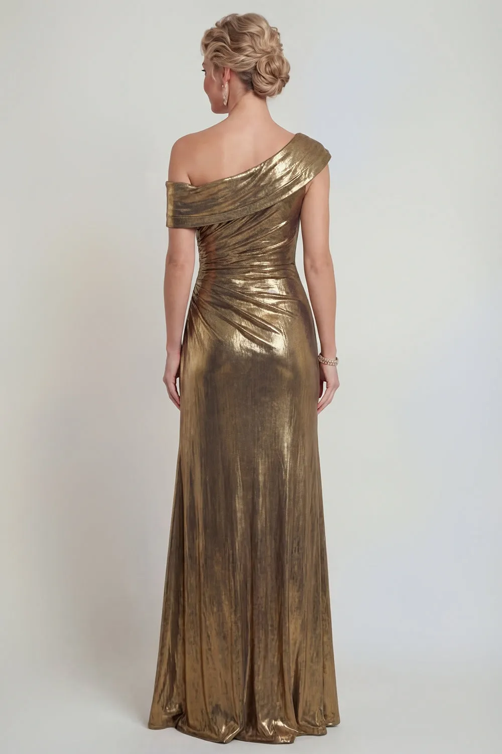Metallic Golden Ruched Sheath One Shoulder Mother of the Bride Dress with Slit sold by Zapaka product image thumbnail 2