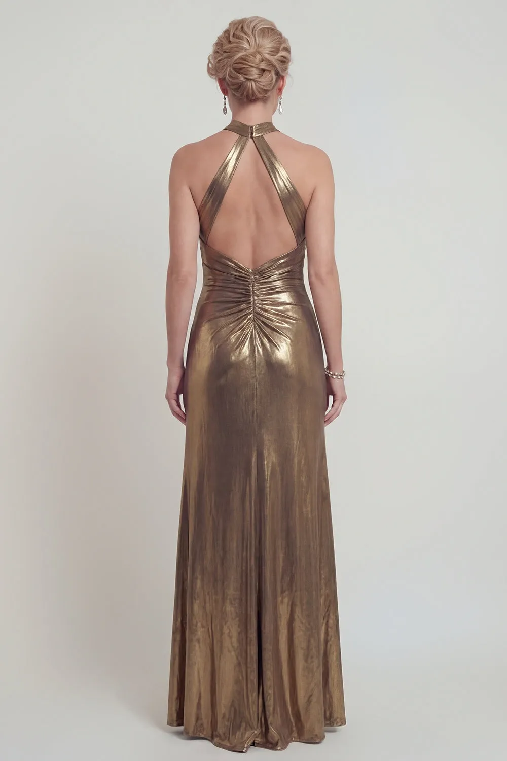 Halter Metallic Golden Sheath Open Back Mother of the Bride Dress with Slit sold by Zapaka product image thumbnail 2