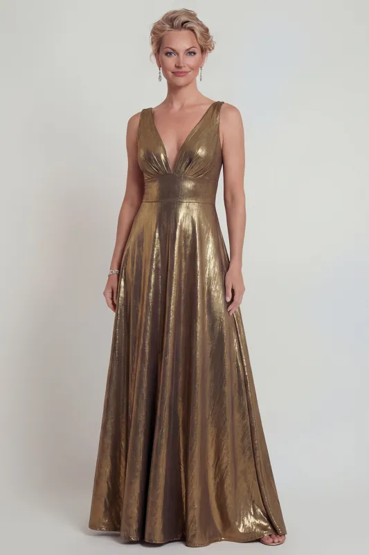 Golden A Line Metallic V Neck Long Mother of the Bride Dress sold by Zapaka