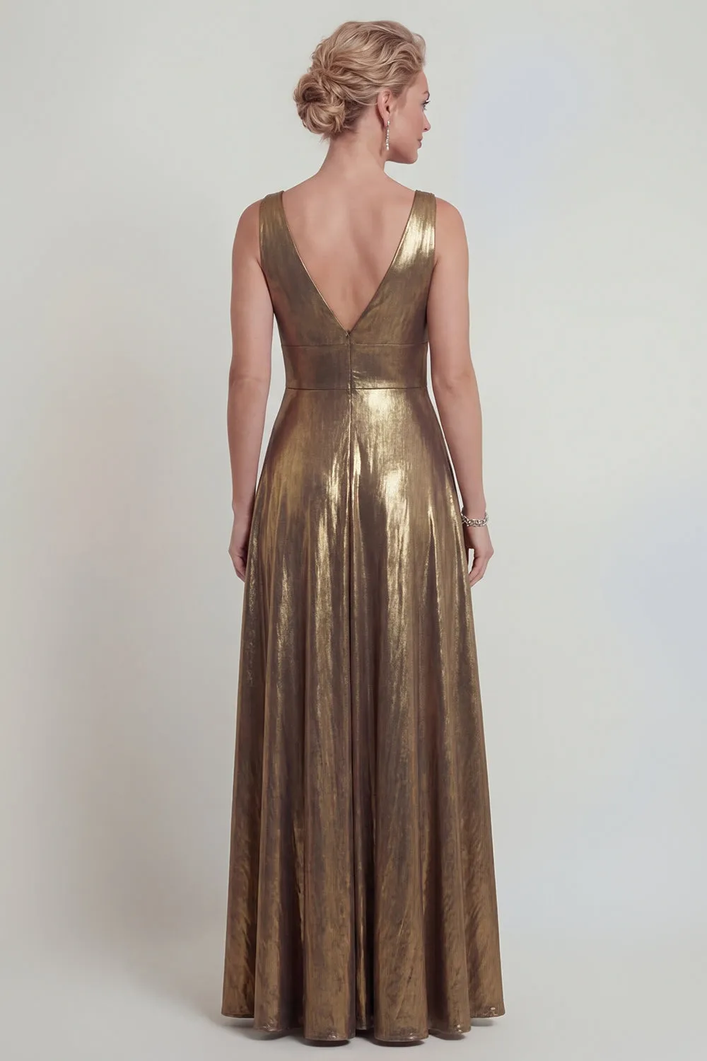 Golden A Line Metallic V Neck Long Mother of the Bride Dress sold by Zapaka product image thumbnail 2