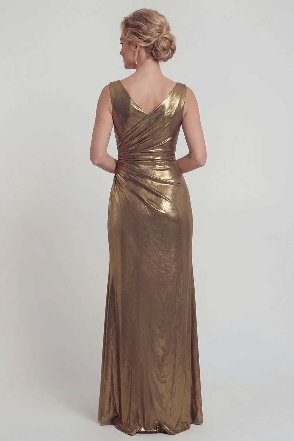 Golden Sheath Ruched Metallic Satin Mother of the Bride Dress with Slit sold by Zapaka product image thumbnail 2