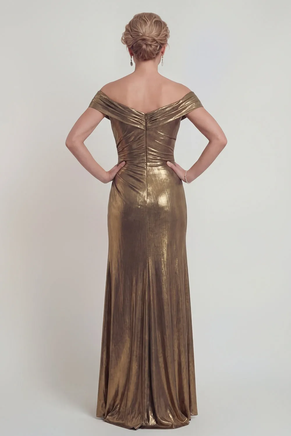 Off The Shoulder Metallic Golden Sheath Satin Mother of the Bride Dress with Slit sold by Zapaka product image thumbnail 2