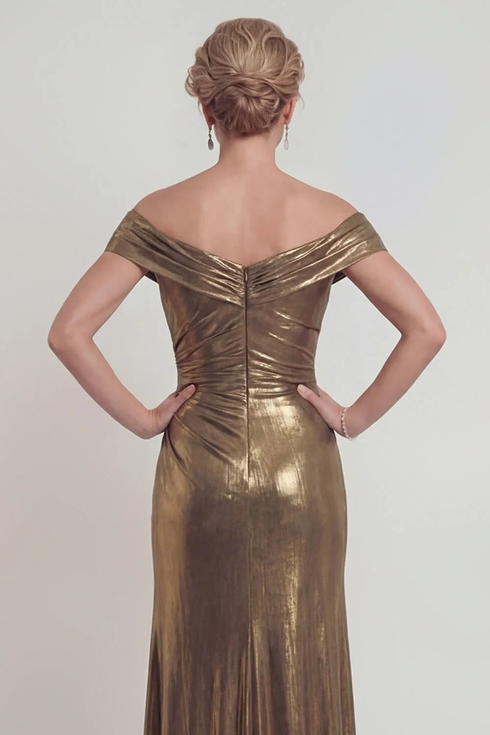 Off The Shoulder Metallic Golden Sheath Satin Mother of the Bride Dress with Slit sold by Zapaka product image thumbnail 4