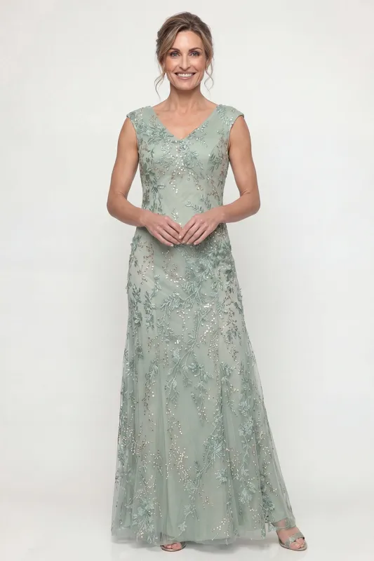 Green Embroidered A Line V Neck Long Mother of the Bride Dress with Sequins made by Zapaka