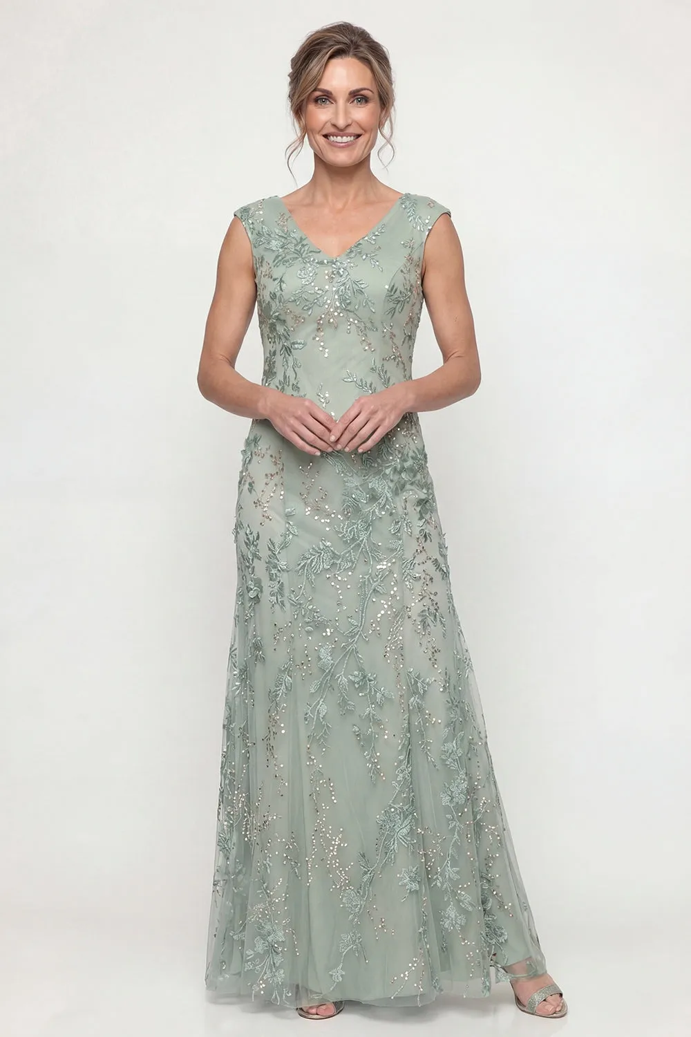 Green Embroidered A Line V Neck Long Mother of the Bride Dress with Sequins sold by Zapaka
