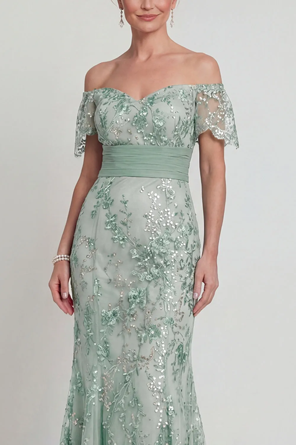 Off The Shoulder Green Mermaid Sequin Mother of the Bride Dress with Embroidery sold by Zapaka product image thumbnail 3