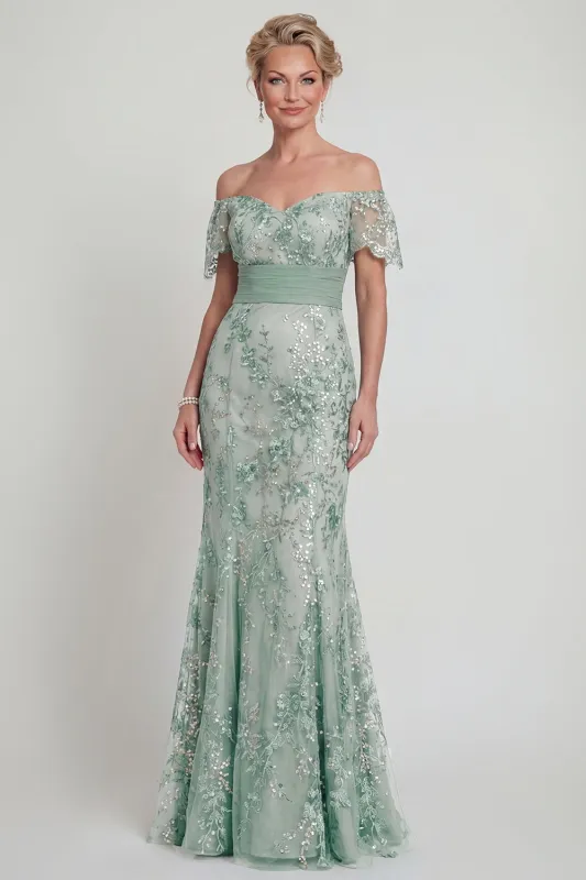 Off The Shoulder Green Mermaid Sequin Mother of the Bride Dress with Embroidery sold by Zapaka