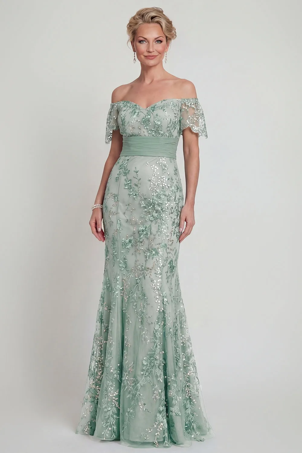 Off The Shoulder Green Mermaid Sequin Mother of the Bride Dress with Embroidery sold by Zapaka