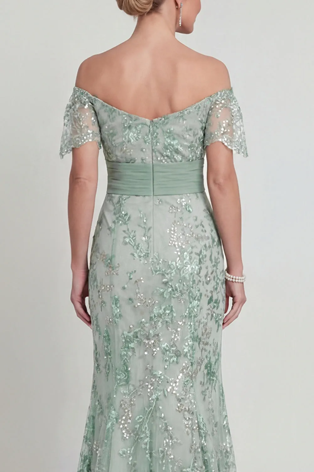 Off The Shoulder Green Mermaid Sequin Mother of the Bride Dress with Embroidery sold by Zapaka product image thumbnail 4