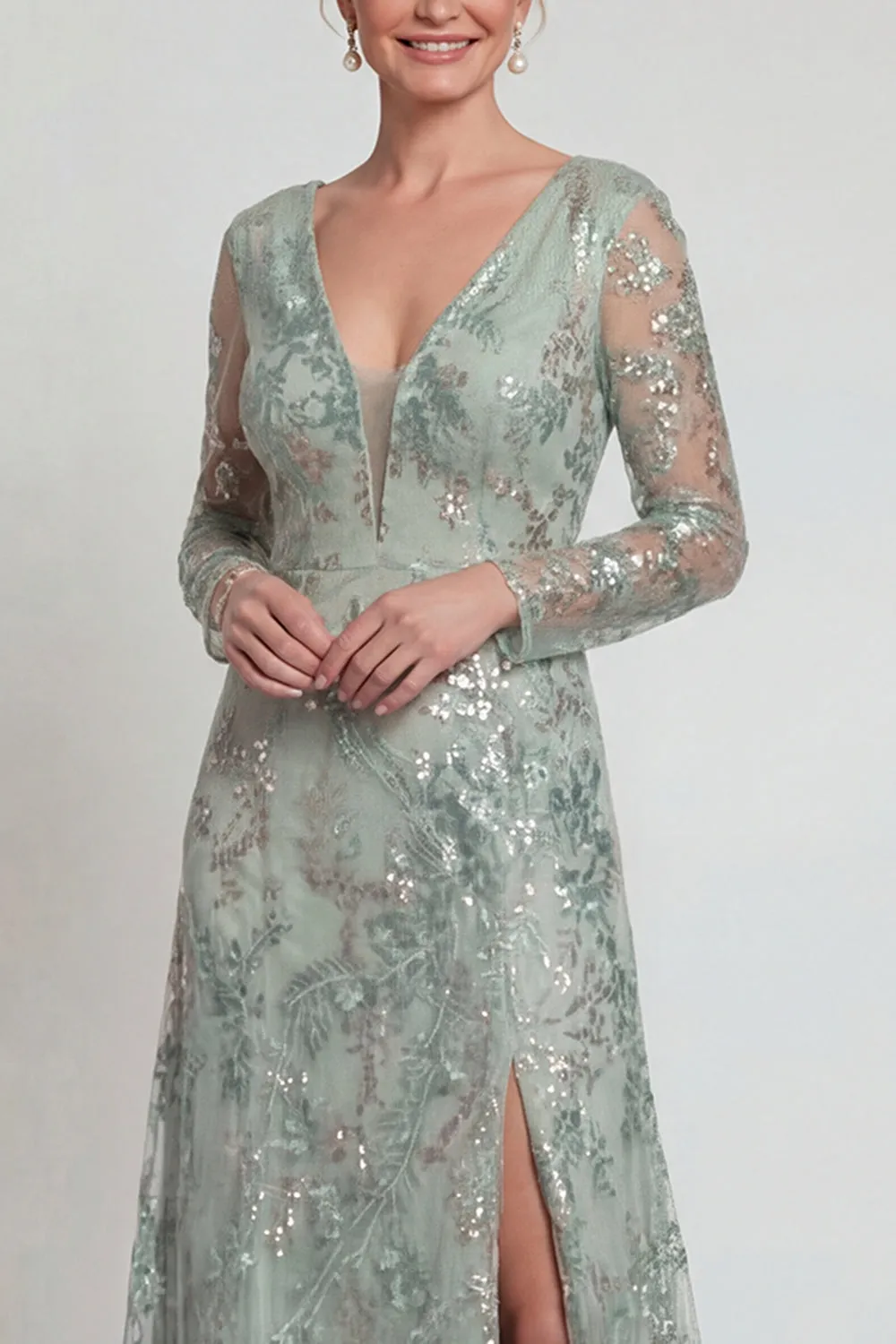 Green A Line Long Sleeves Sequin Mother of the Bride Dress with Slit sold by Zapaka product image thumbnail 3