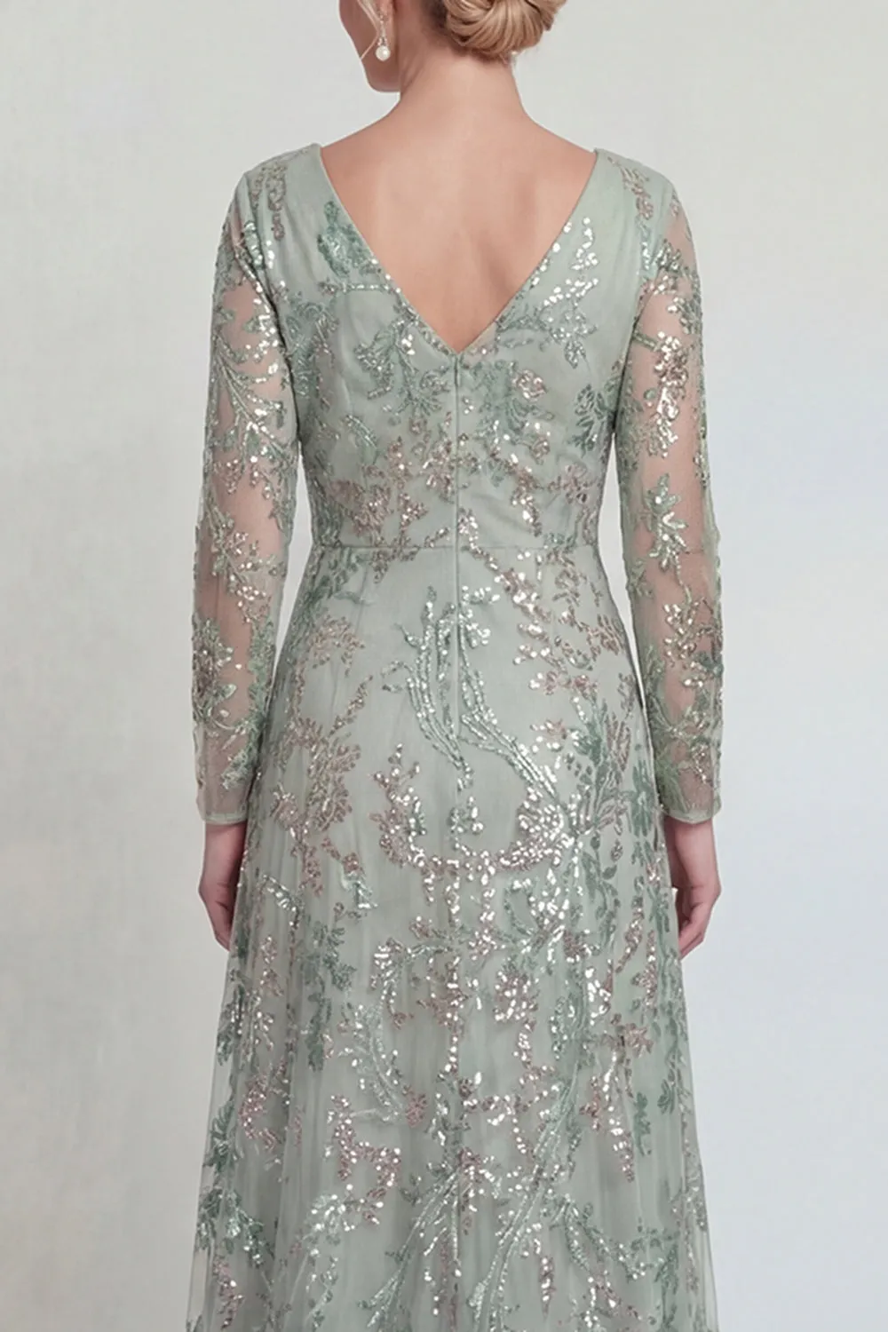Green A Line Long Sleeves Sequin Mother of the Bride Dress with Slit sold by Zapaka product image thumbnail 4