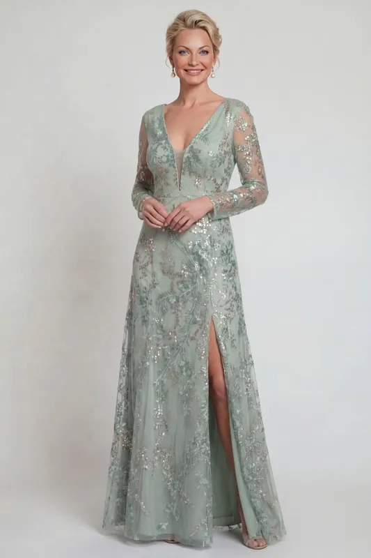 Green A Line Long Sleeves Sequin Mother of the Bride Dress with Slit made by Zapaka