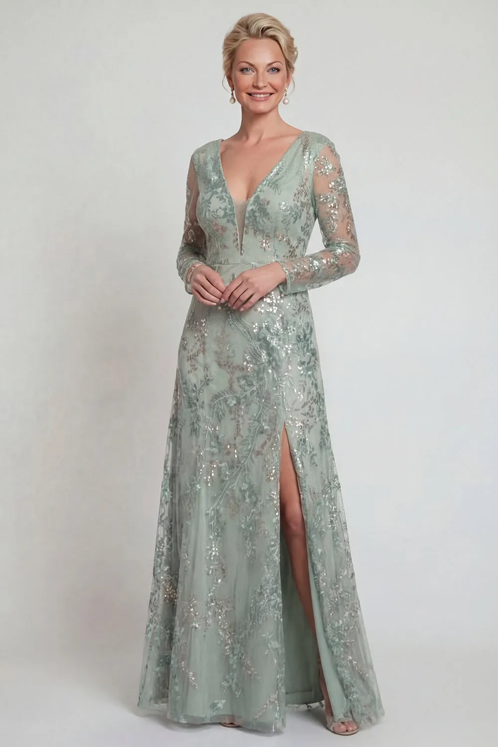 Green A Line Long Sleeves Sequin Mother of the Bride Dress with Slit sold by Zapaka
