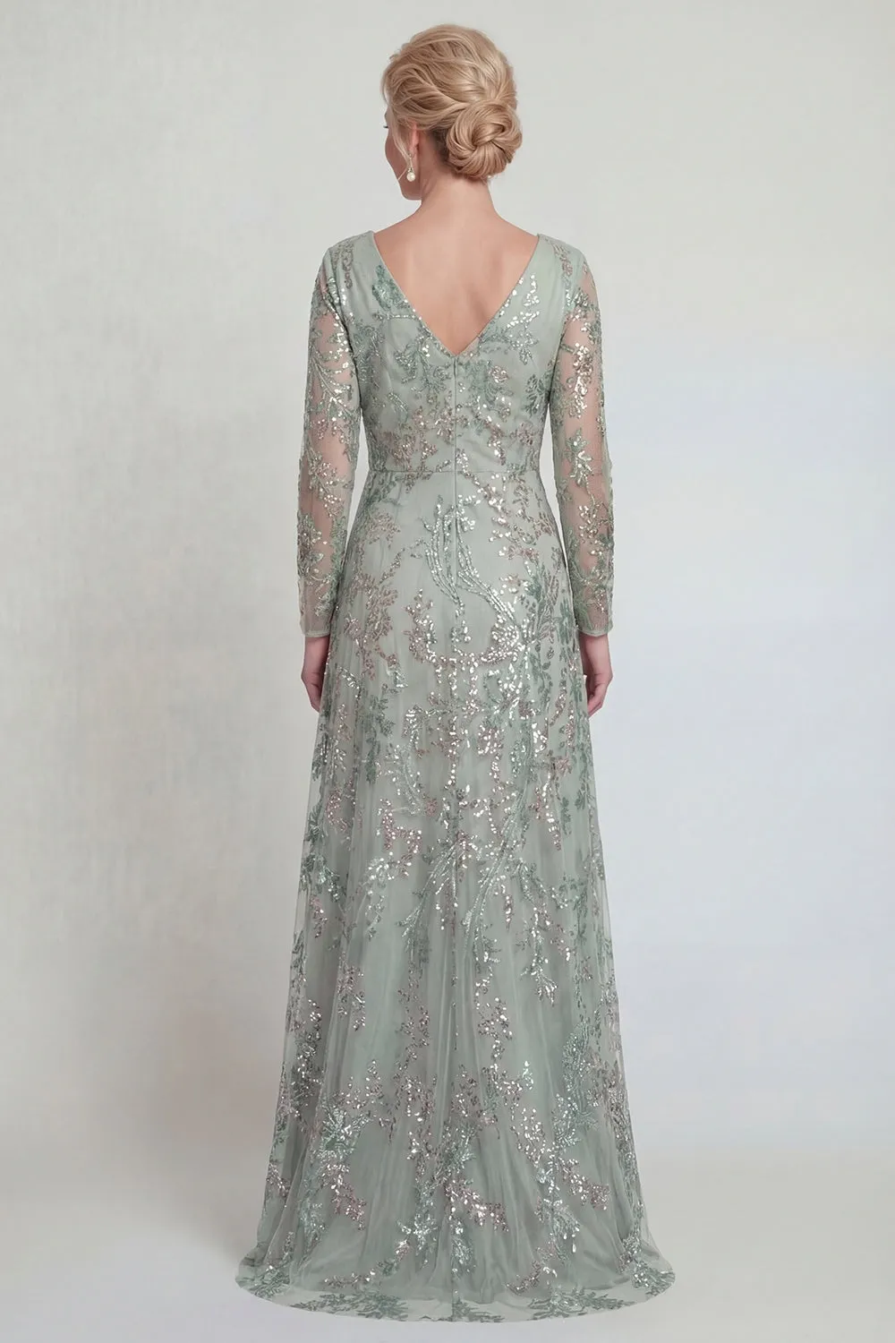 Green A Line Long Sleeves Sequin Mother of the Bride Dress with Slit sold by Zapaka product image thumbnail 2