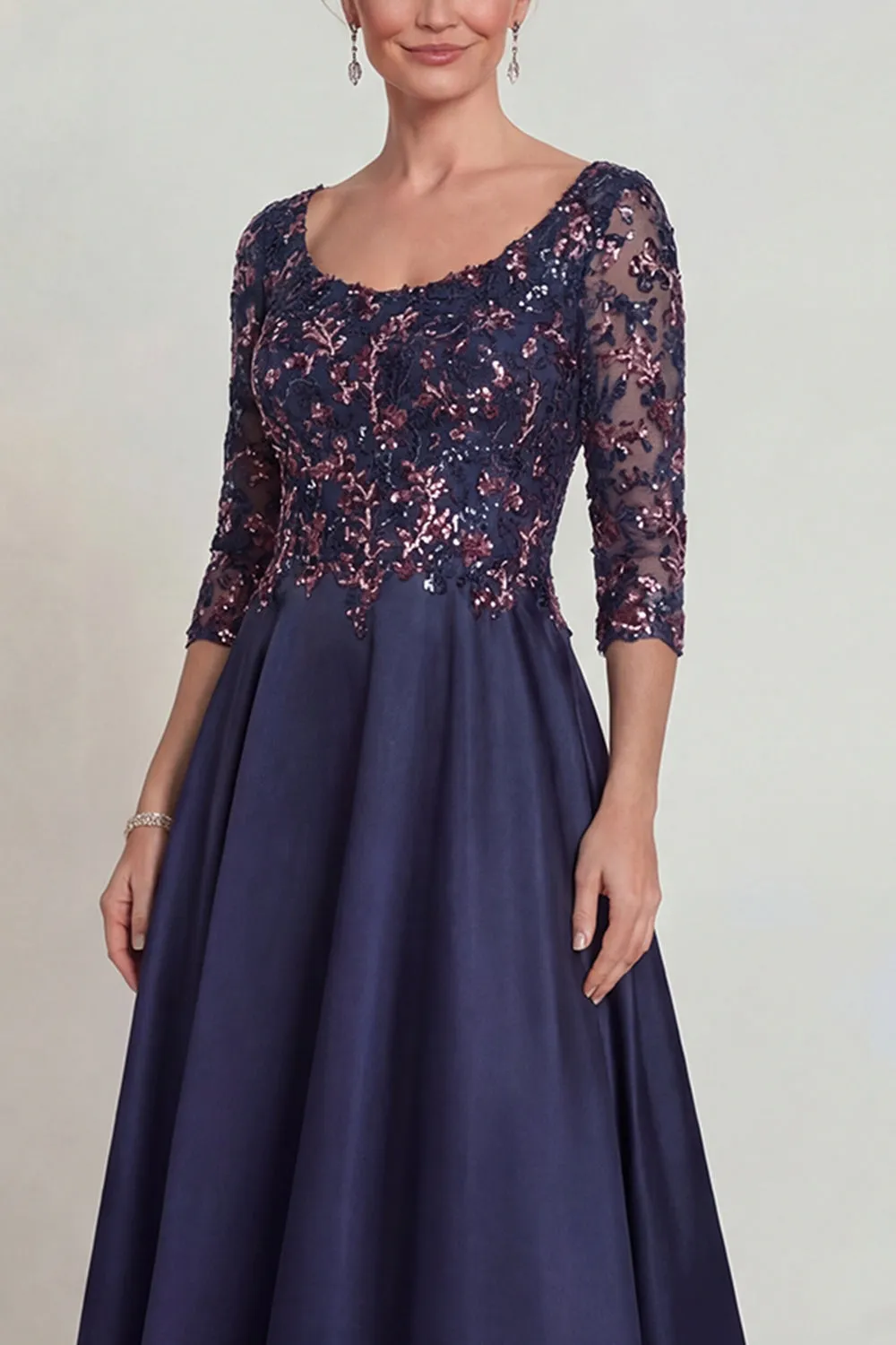 Navy Sequins A Line Long Mother of the Bride Dress with Half Sleeves sold by Zapaka product image thumbnail 3