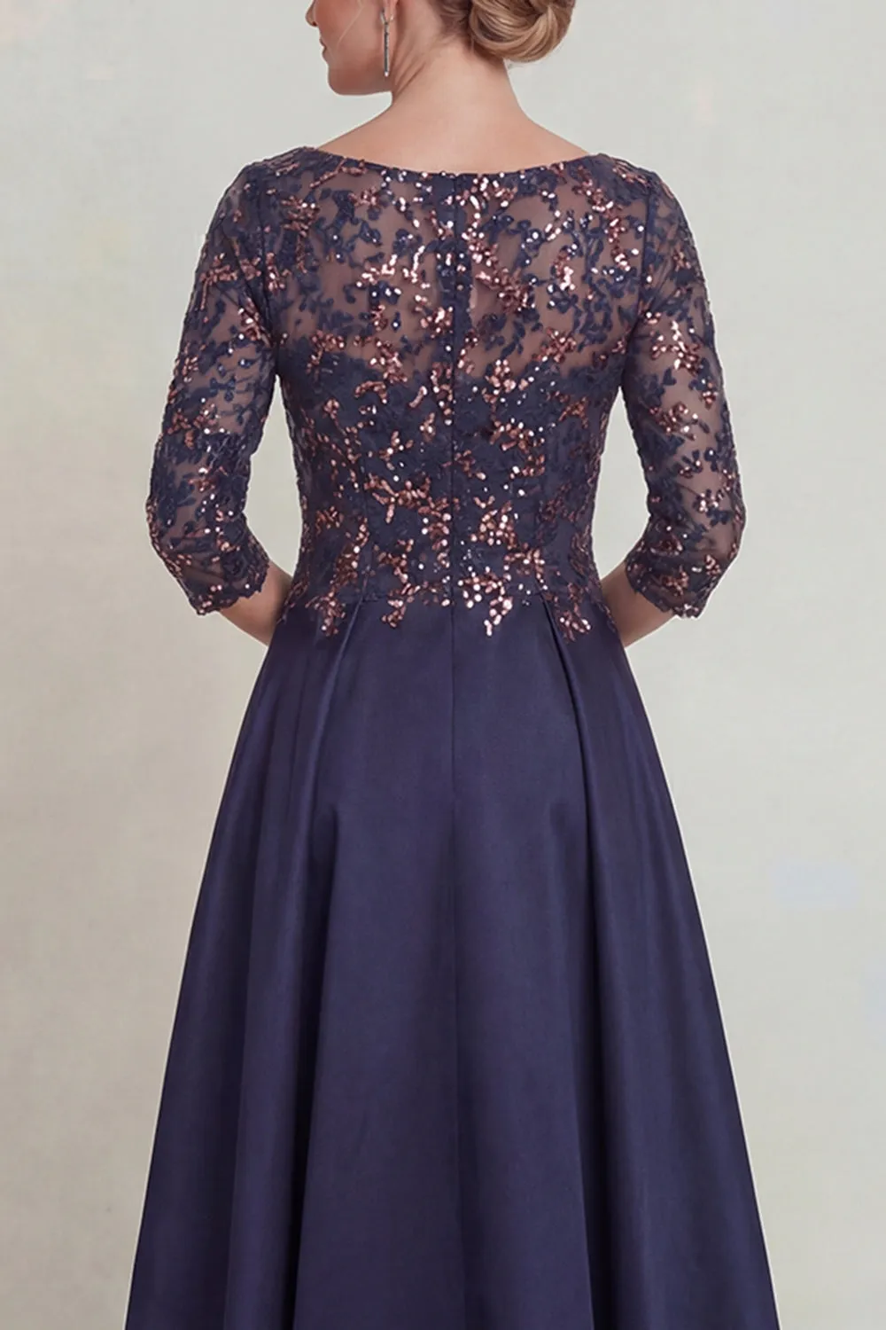 Navy Sequins A Line Long Mother of the Bride Dress with Half Sleeves sold by Zapaka product image thumbnail 4