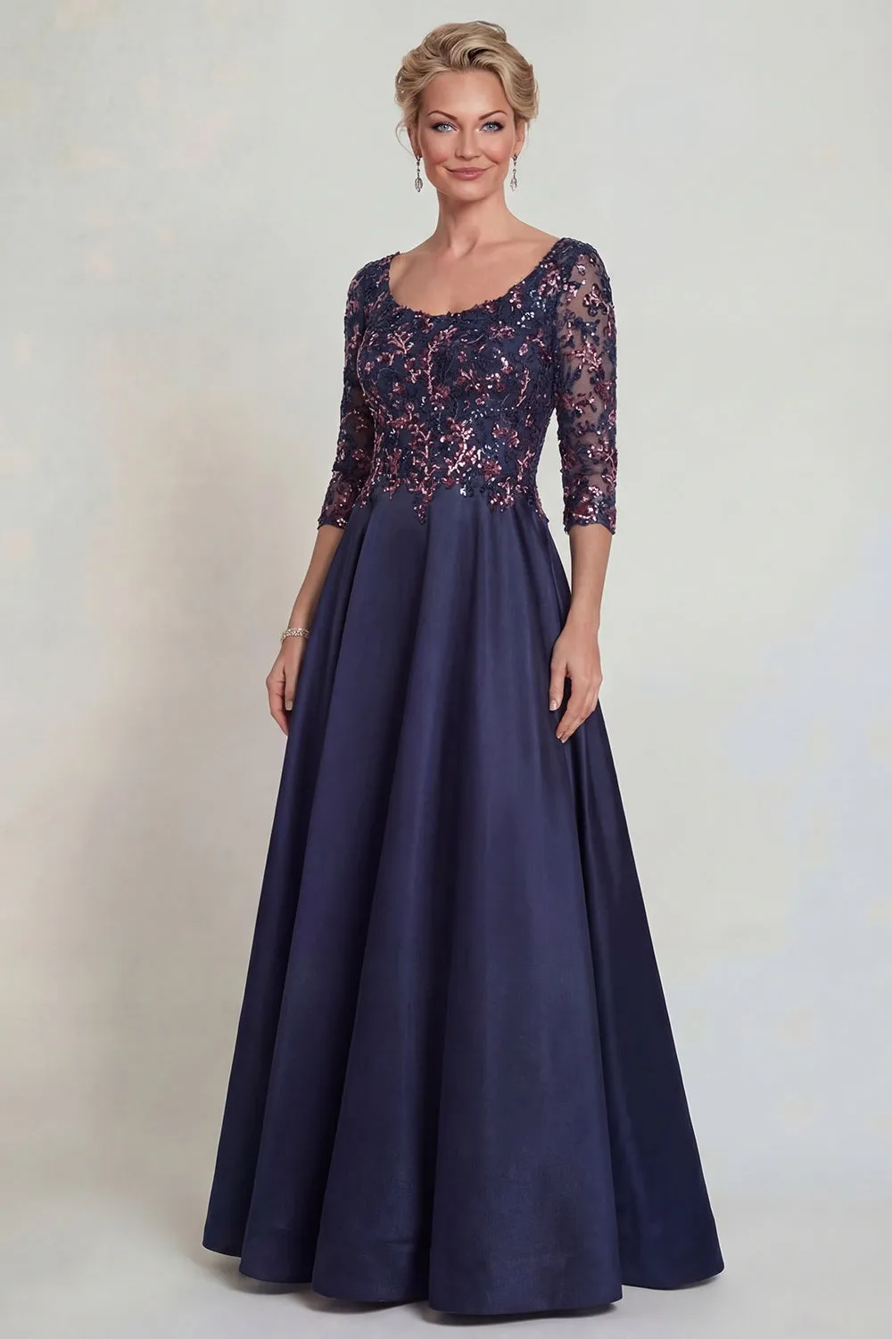 Navy Sequins A Line Long Mother of the Bride Dress with Half Sleeves sold by Zapaka