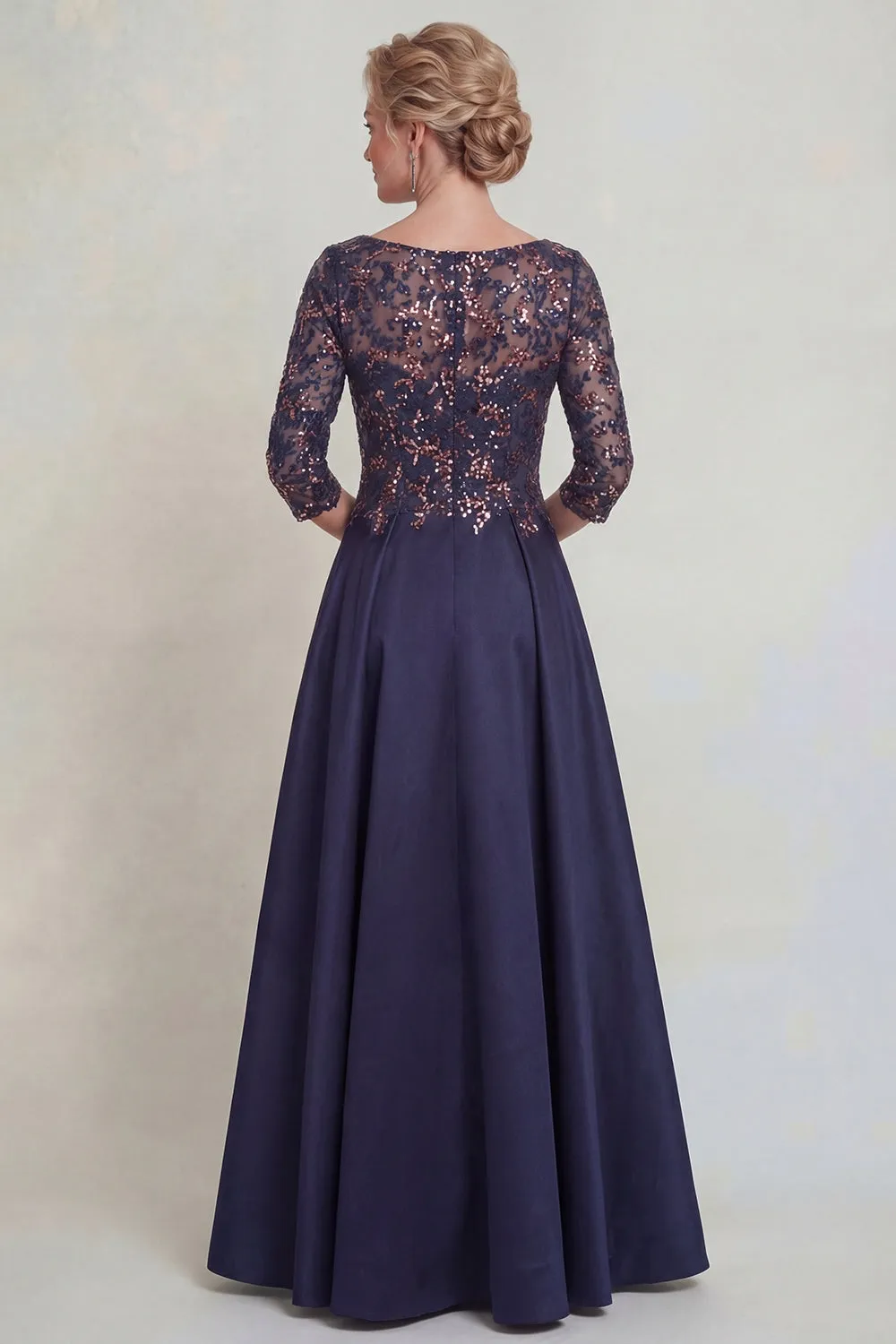 Navy Sequins A Line Long Mother of the Bride Dress with Half Sleeves sold by Zapaka product image thumbnail 2