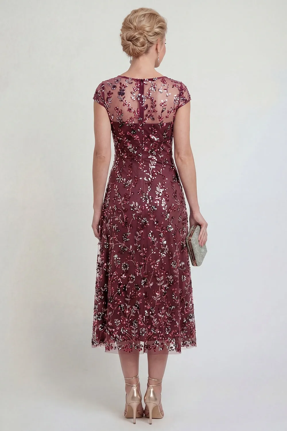 Sparkly Burgundy Sheath Sequins Boat Neck Midi Mother of the Bride Dress sold by Zapaka product image thumbnail 2