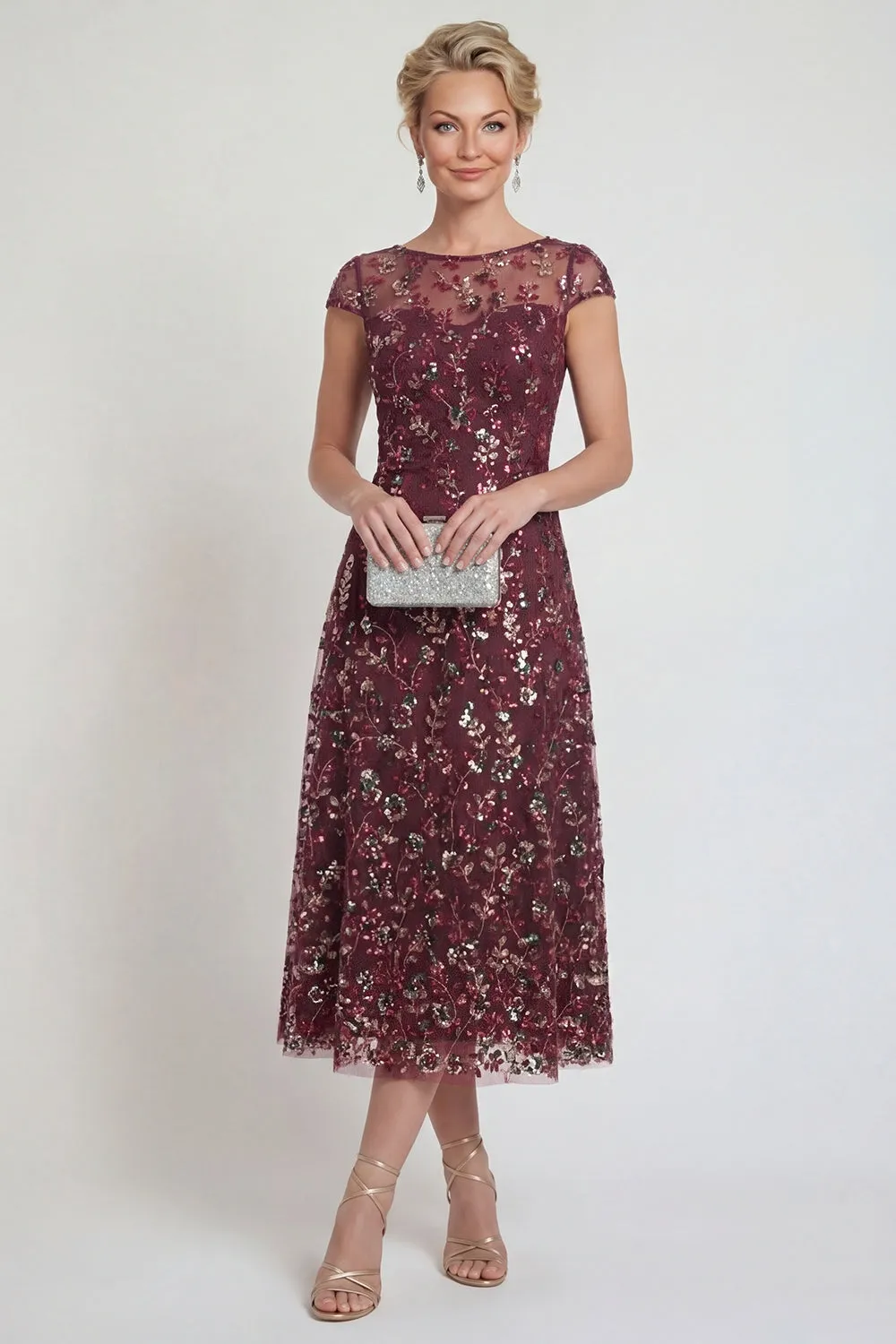 Sparkly Burgundy Sheath Sequins Boat Neck Midi Mother of the Bride Dress sold by Zapaka product image thumbnail 3