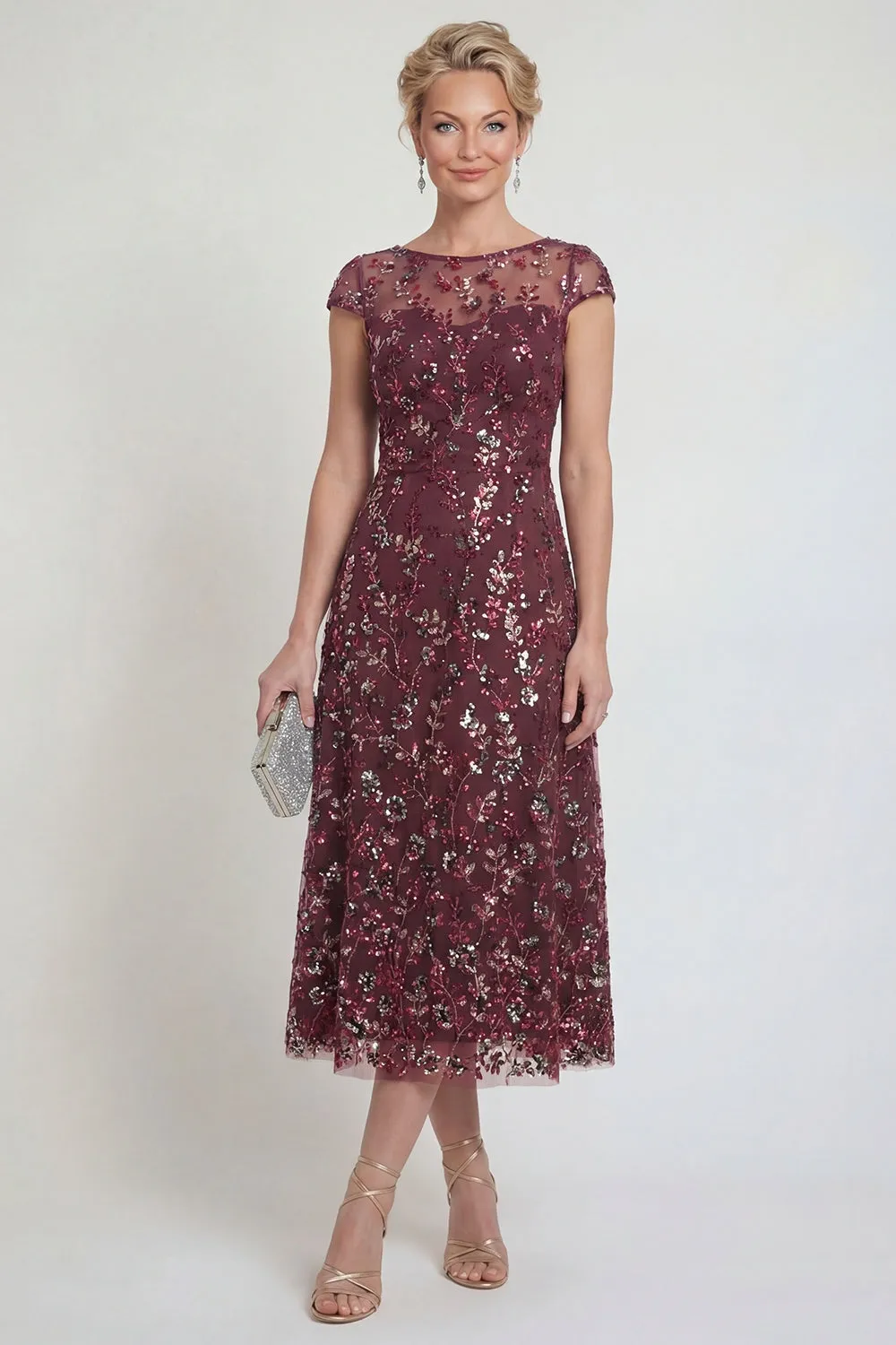 Sparkly Burgundy Sheath Sequins Boat Neck Midi Mother of the Bride Dress sold by Zapaka