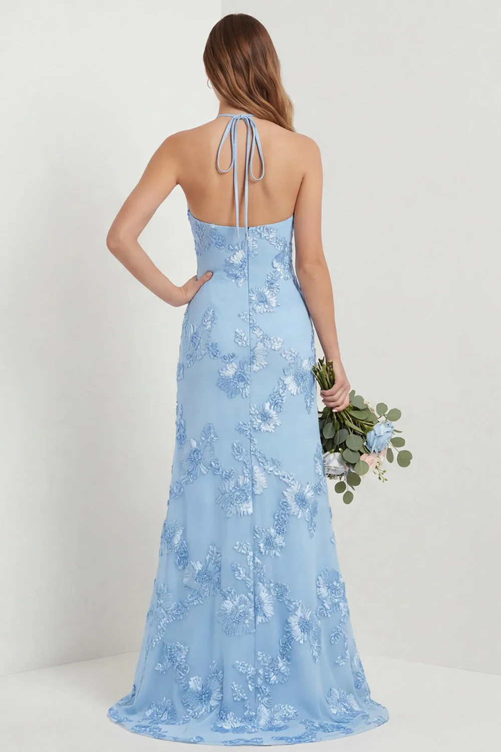 Light Blue Halter Embroidered Sheath Long Bridesmaid Dress with Slit sold by Zapaka product image thumbnail 2