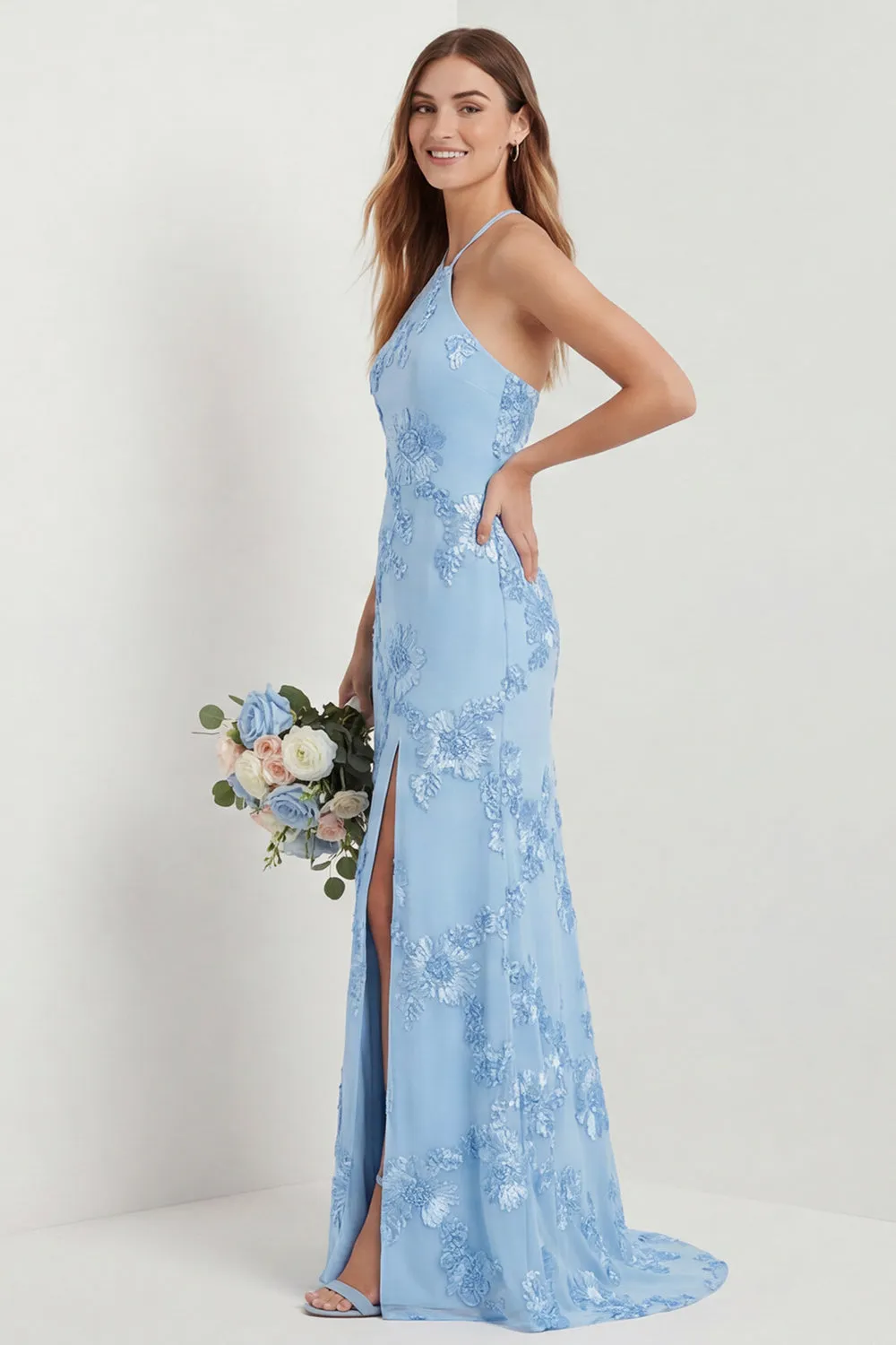 Light Blue Halter Embroidered Sheath Long Bridesmaid Dress with Slit sold by Zapaka product image thumbnail 3