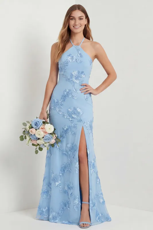 Light Blue Halter Embroidered Sheath Long Bridesmaid Dress with Slit made by Zapaka