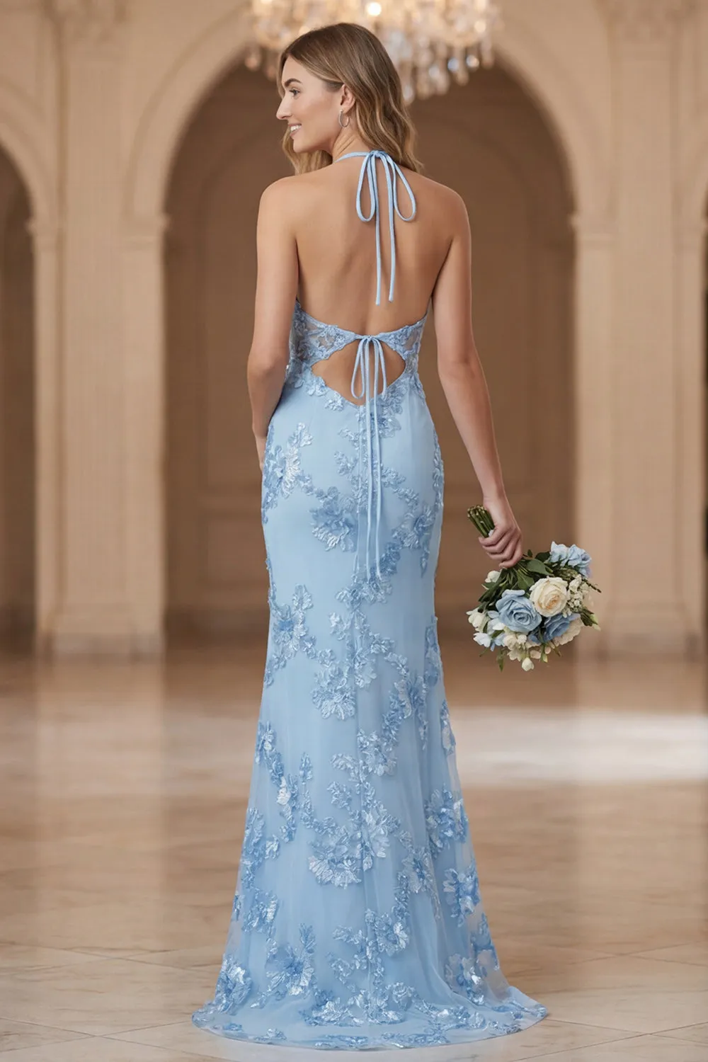 Light Blue Sheath Halter Open Back Long Bridesmaid Dress with Embroidery sold by Zapaka product image thumbnail 2