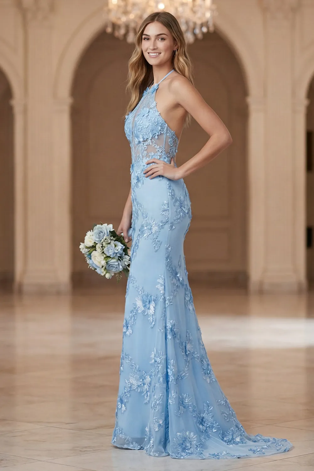 Light Blue Sheath Halter Open Back Long Bridesmaid Dress with Embroidery sold by Zapaka product image thumbnail 3