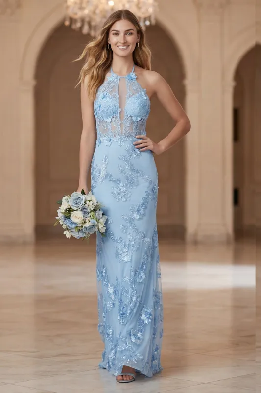 Light Blue Sheath Halter Open Back Long Bridesmaid Dress with Embroidery made by Zapaka