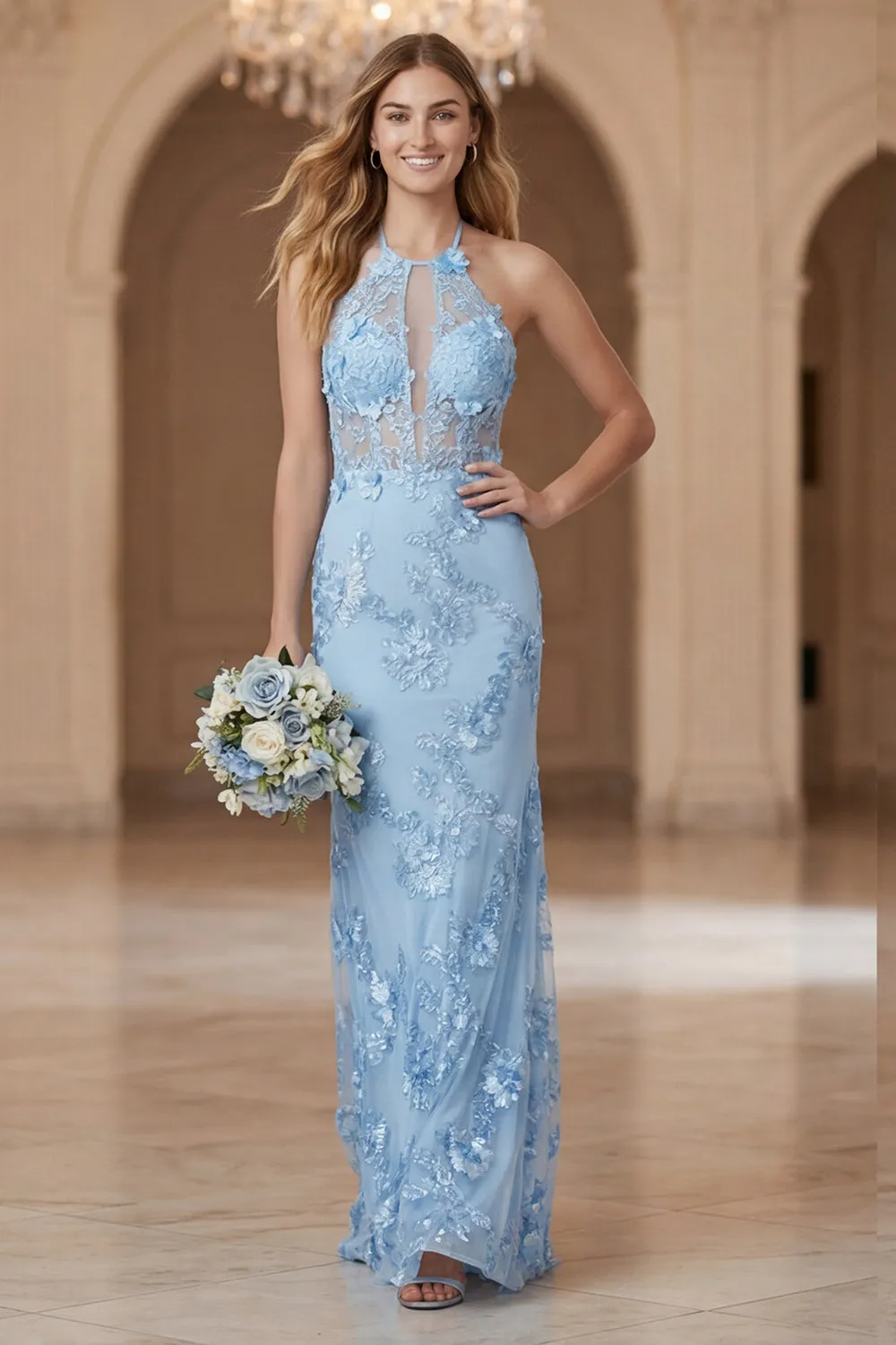 Light Blue Sheath Halter Open Back Long Bridesmaid Dress with Embroidery sold by Zapaka
