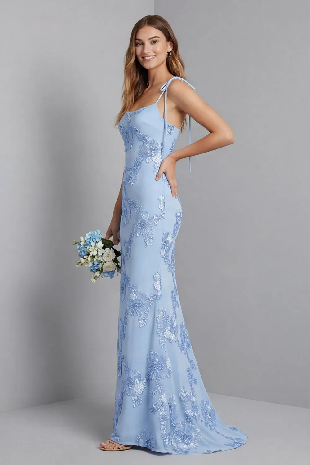 Light Blue Spaghetti Straps Mermaid Maxi Dress with Floral Embroidery sold by Zapaka product image thumbnail 3