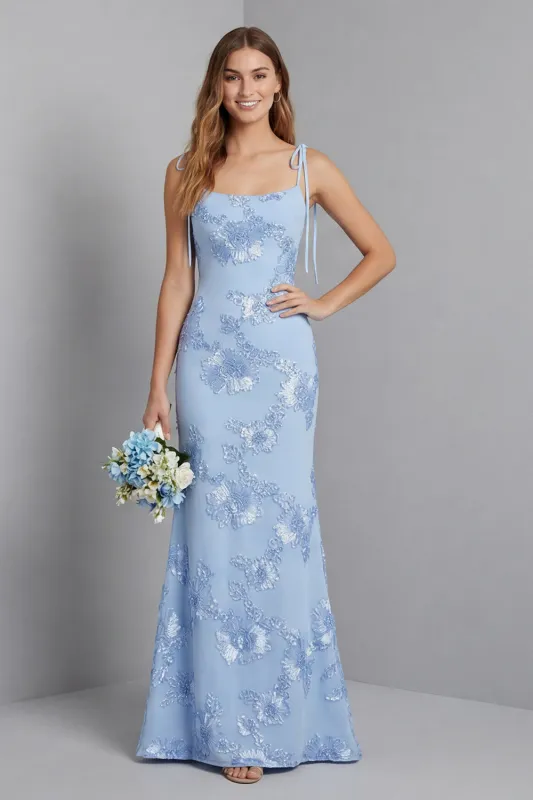 Light Blue Spaghetti Straps Mermaid Maxi Dress with Floral Embroidery made by Zapaka