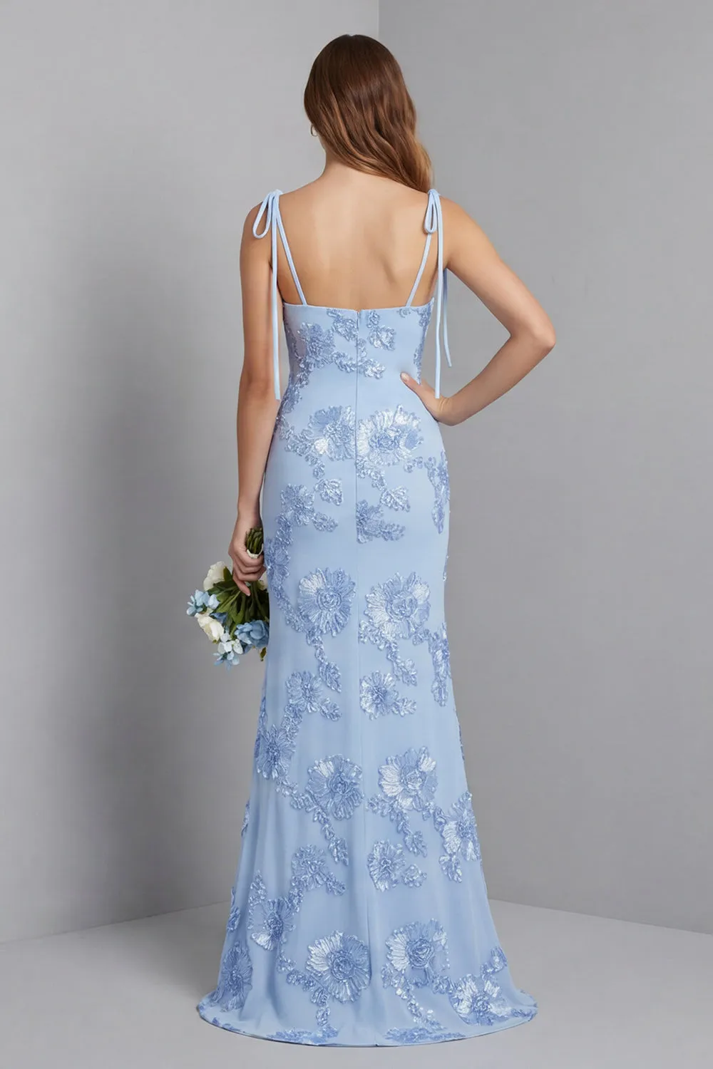 Light Blue Spaghetti Straps Mermaid Maxi Dress with Floral Embroidery sold by Zapaka product image thumbnail 2
