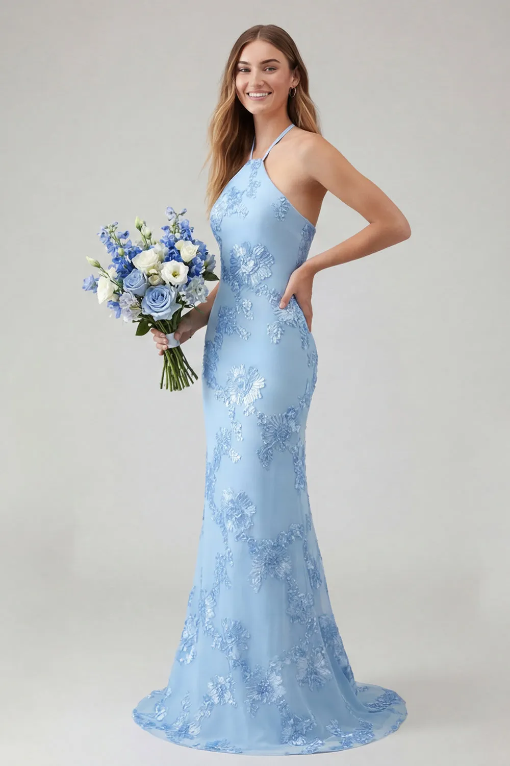 Light Blue Mermaid Halter Backless Long Prom Dress with Floral Embroidery sold by Zapaka product image thumbnail 3