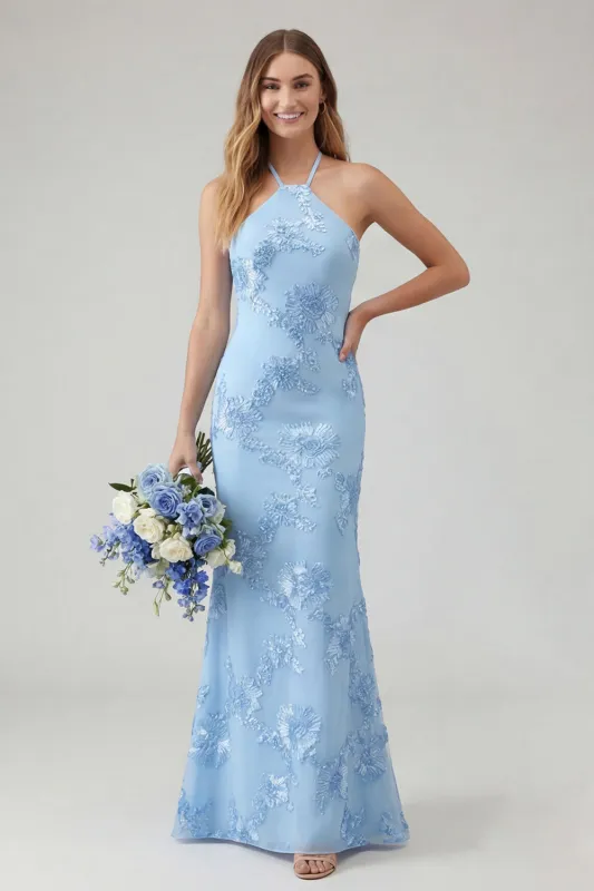 Light Blue Mermaid Halter Backless Long Prom Dress with Floral Embroidery made by Zapaka