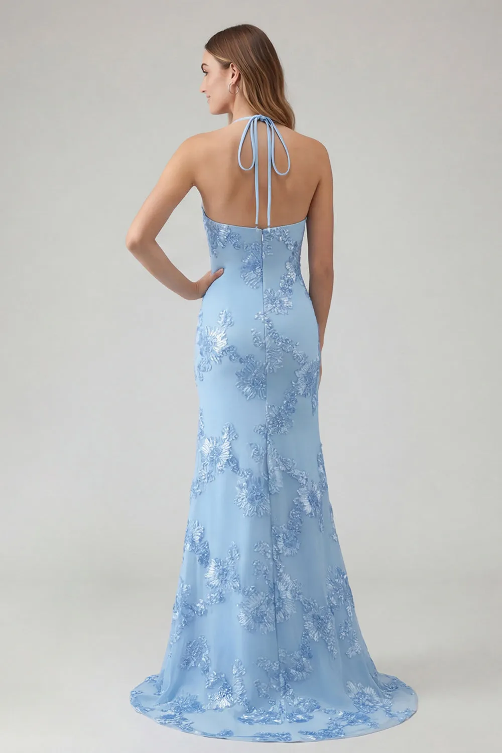 Light Blue Mermaid Halter Backless Long Prom Dress with Floral Embroidery sold by Zapaka product image thumbnail 2