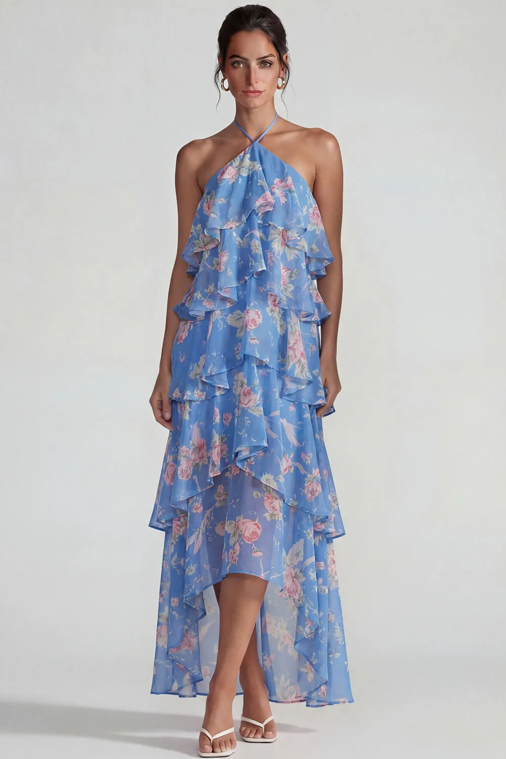 Blue Pink Printed Flower Halter Tiered Chiffon A Line Midi Dress with Ruffles sold by Zapaka